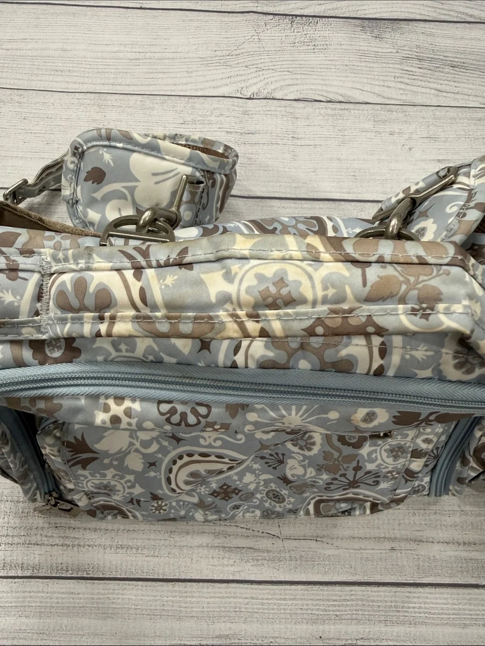 Ju-Ju-Be Light Blue Taupe Floral Diaper Bag Backpack with Changing Pad